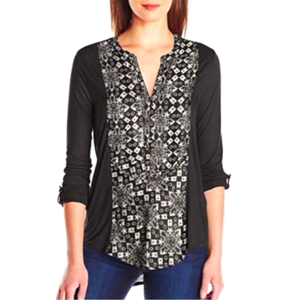 Lucky Brand Longsleeve Henley 100% Cotton V-Neck Black White Geometric Medium